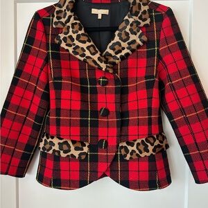 Michael Kors Red Plaid Blazer with Leopard Trim